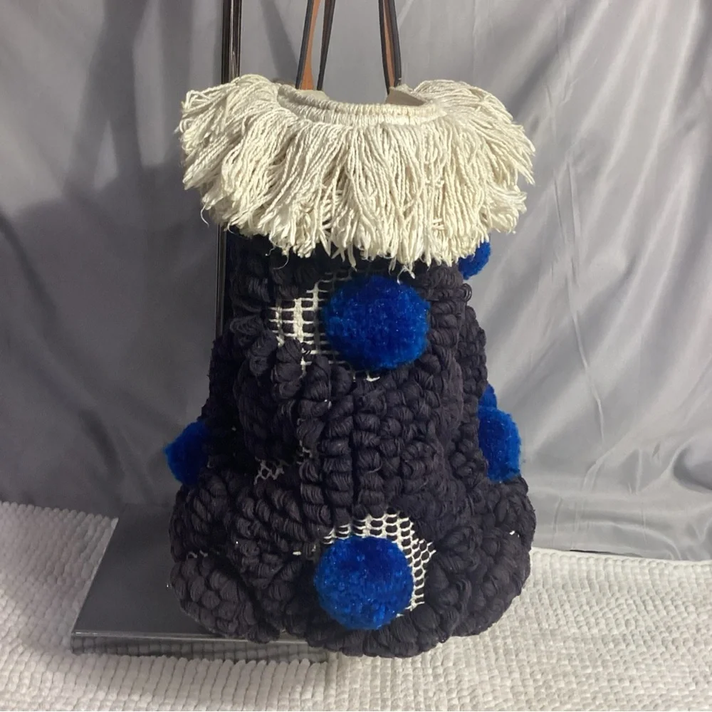 Tory Burch Black & Blue Pom Pom Canvas Tote Bag with Fringe & Leather Handles